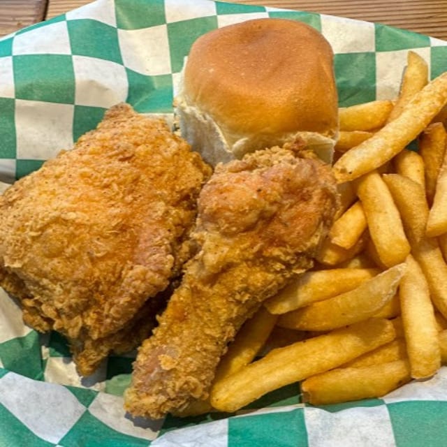 2pc Dark Snack (Thigh & Drumstick) with fries & and roll.