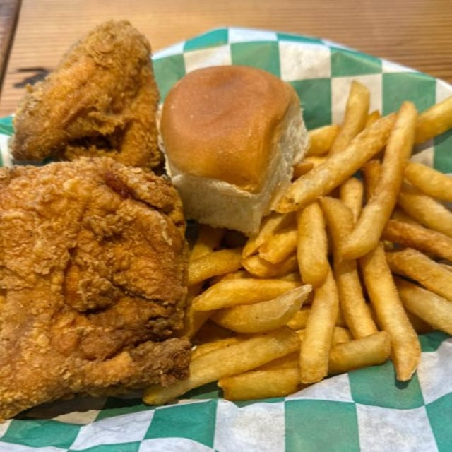 2pc White Snack - Breast & Wing, fries, and a roll.