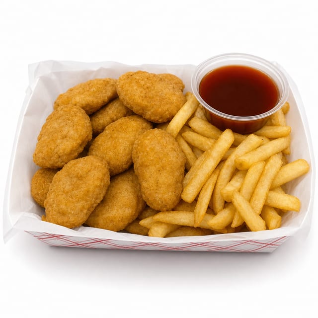 40pc Tempura Crispy Chicken Nuggets, Served with a Basket of Fries.