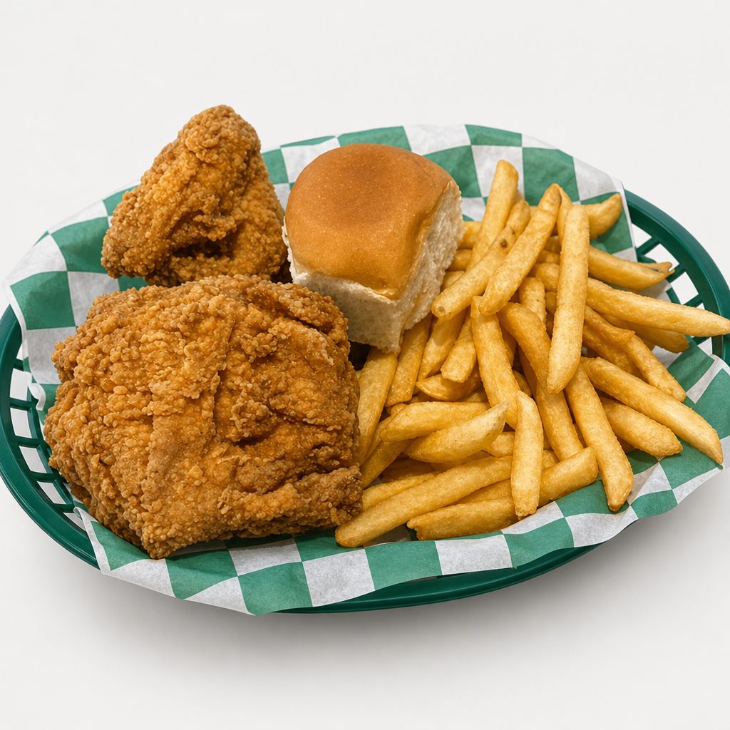 2pc White Snack - Breast & Wing, fries, and a roll.
