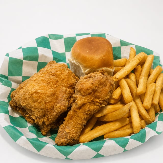 2pc Dark Snack (Thigh & Drumstick) with fries & and roll.
