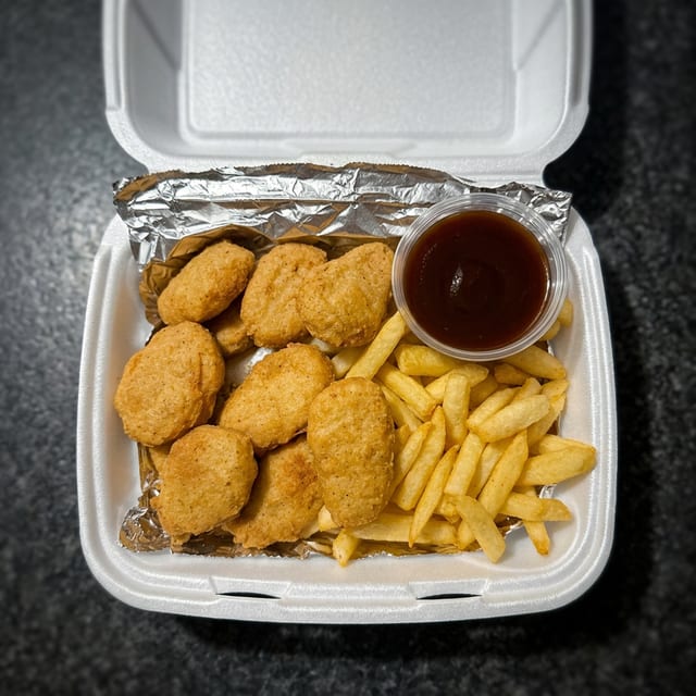 40pc Tempura Crispy Chicken Nuggets, Served with a Basket of Fries.