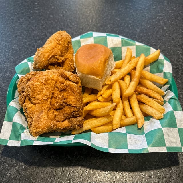 2pc White Snack - Breast & Wing, fries, and a roll.