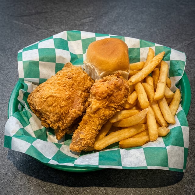 2pc Dark Snack (Thigh & Drumstick) with fries & and roll.
