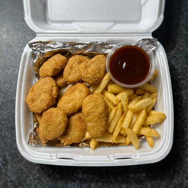 20pc Tempura Crispy Chicken Nuggets, Served with Fries.